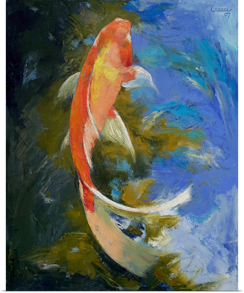 Vertical, large painting of the top of a butterfly koi fish swimming through the plants in the water.  Painted with thick,...