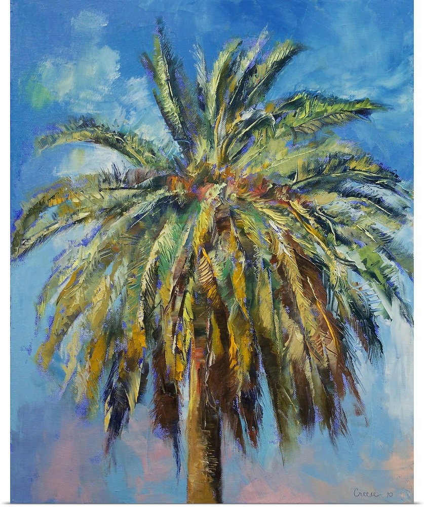 Big, vertical painting of the top of a palm tree against a blue sky.  Painted with thick, rough brushstrokes.