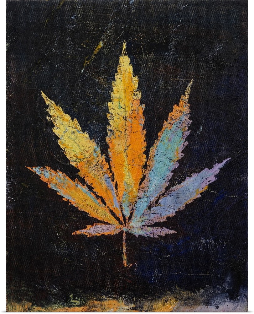 A contemporary painting of a colorful plant leaf against a black background.