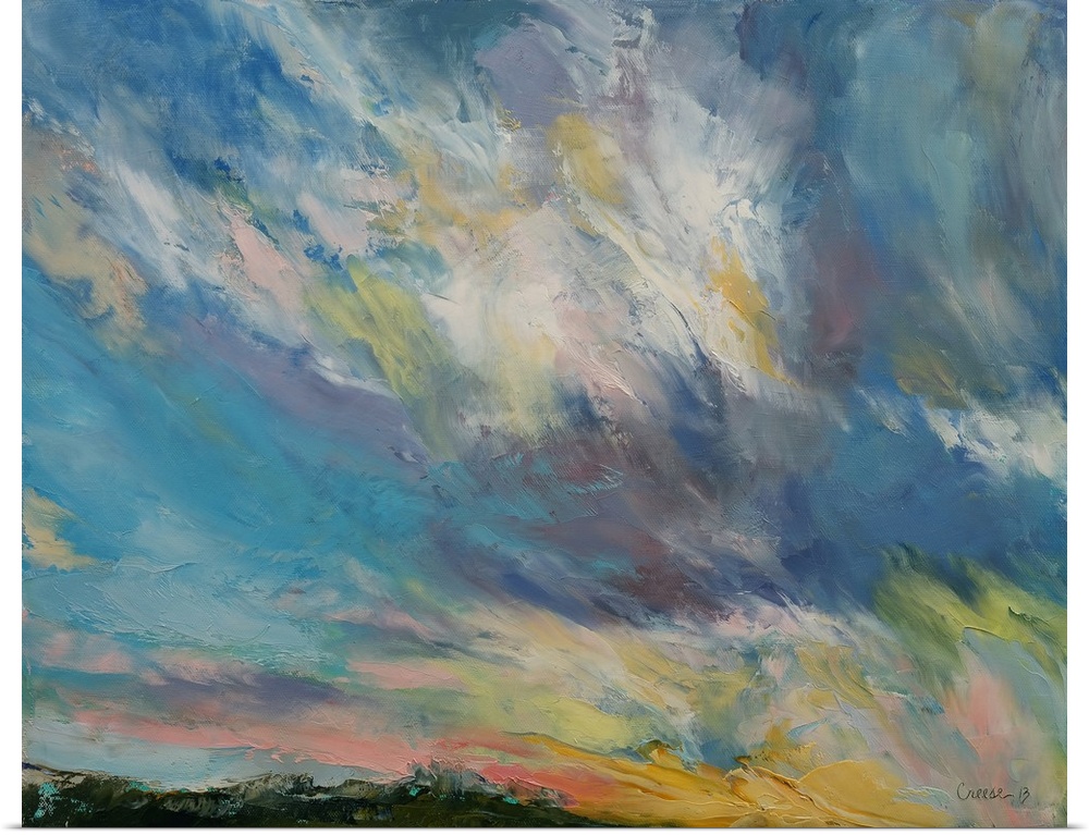 A contemporary painting of a colorful skyscape.