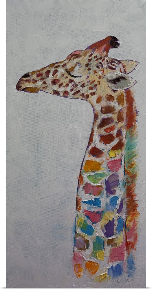 A contemporary painting of a giraffe with colorful spots.