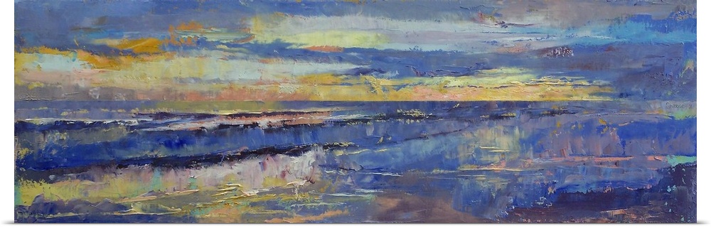 A piece of contemporary artwork that depicts a sunset over ocean water.