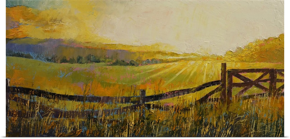 A contemporary painting of a countryside landscape.