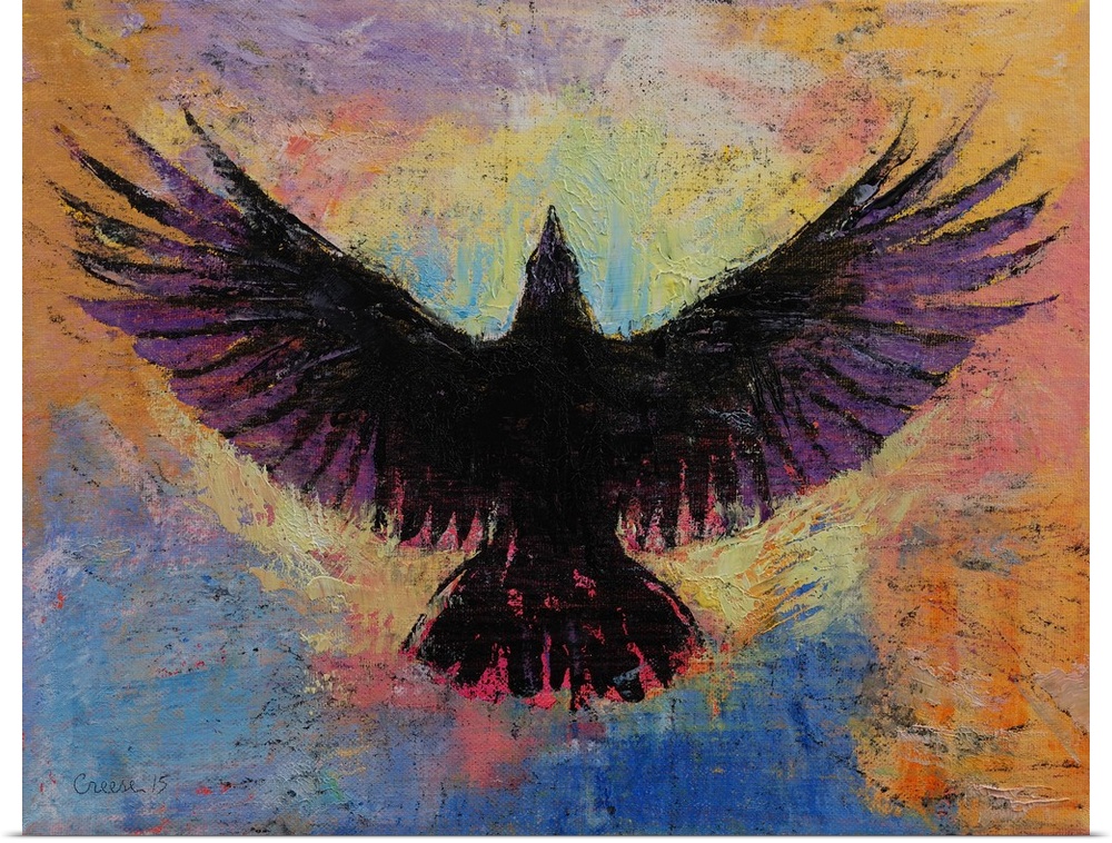 A contemporary painting of a black bird against a colorful background.