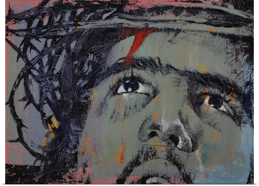 A contemporary painting of a close-up on the face of Jesus wearing the crown of thorns.