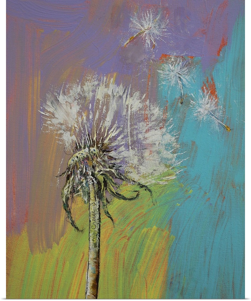 A contemporary painting of a dandelion with some of its seeds blowing away.