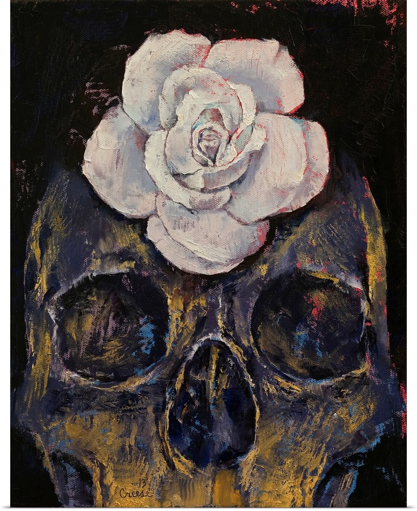 A contemporary painting of a human skull with a white flower on the forehead.