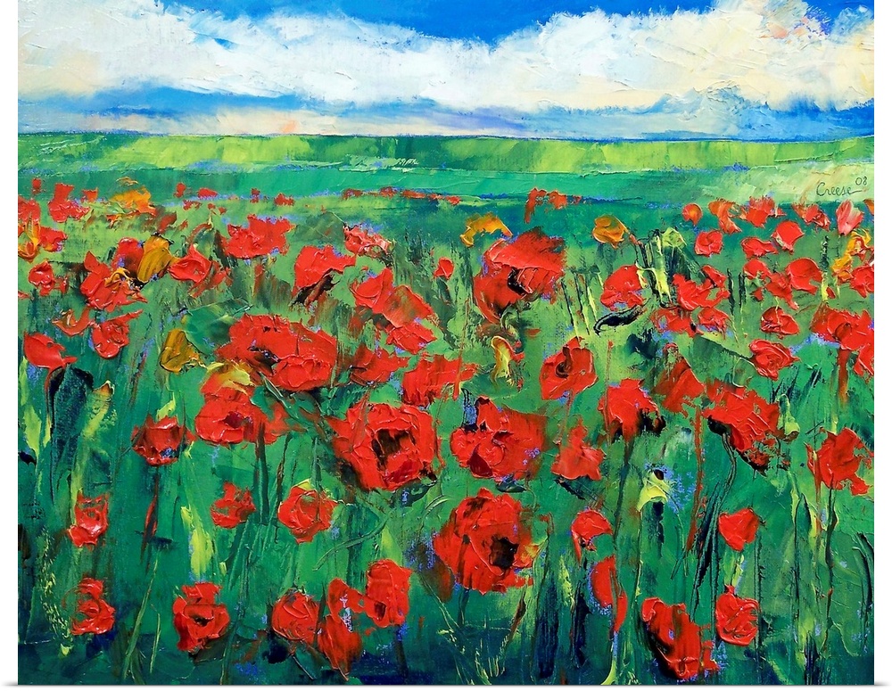 Canvas painting of a large field of poppies stretching into the distance. Rolling hills and a cloudy sky make up the backg...