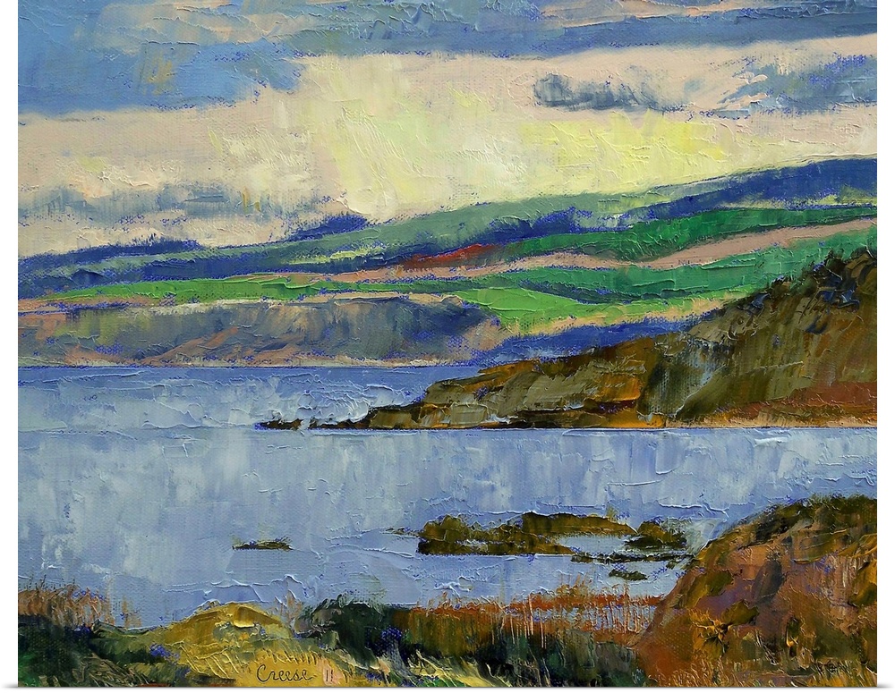Oil on canvas large wall landscape painting of the Firth of Clyde in the British Isles. Clear water meets cliffs and gentl...