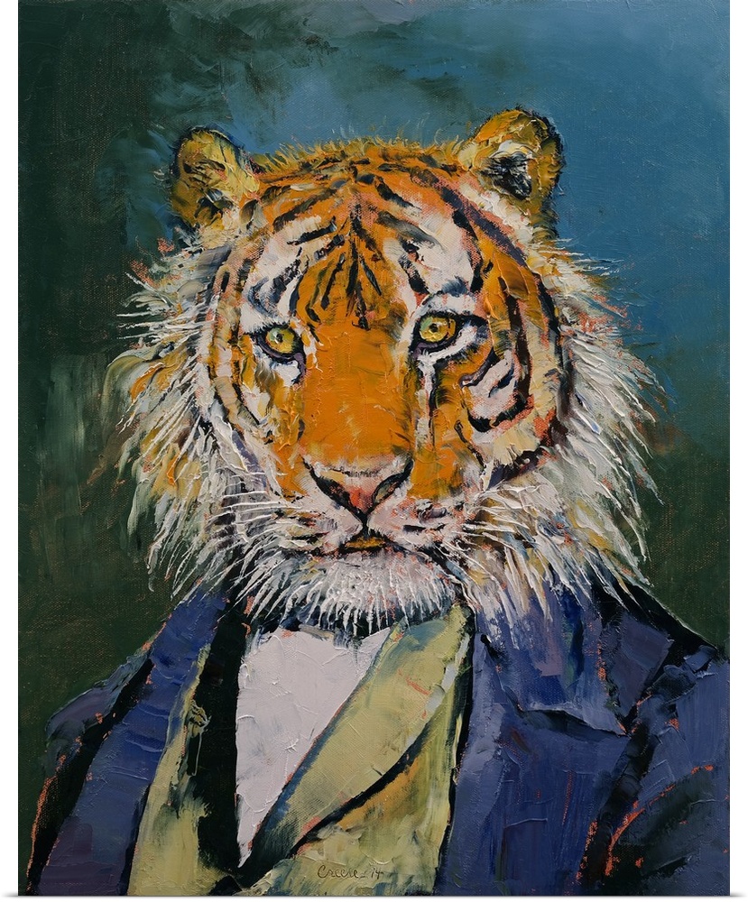 A contemporary painting of tiger wearing a three piece suit.