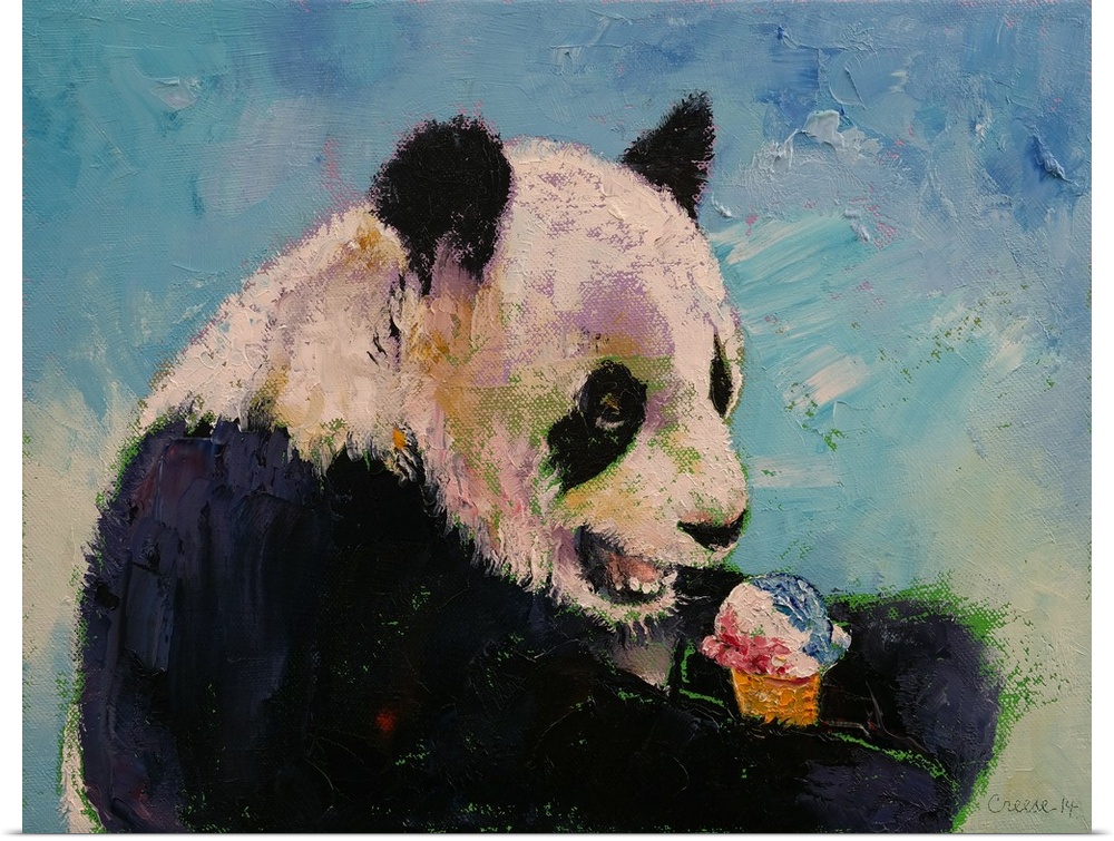 A contemporary painting of a panda bear eating an ice cream cone.