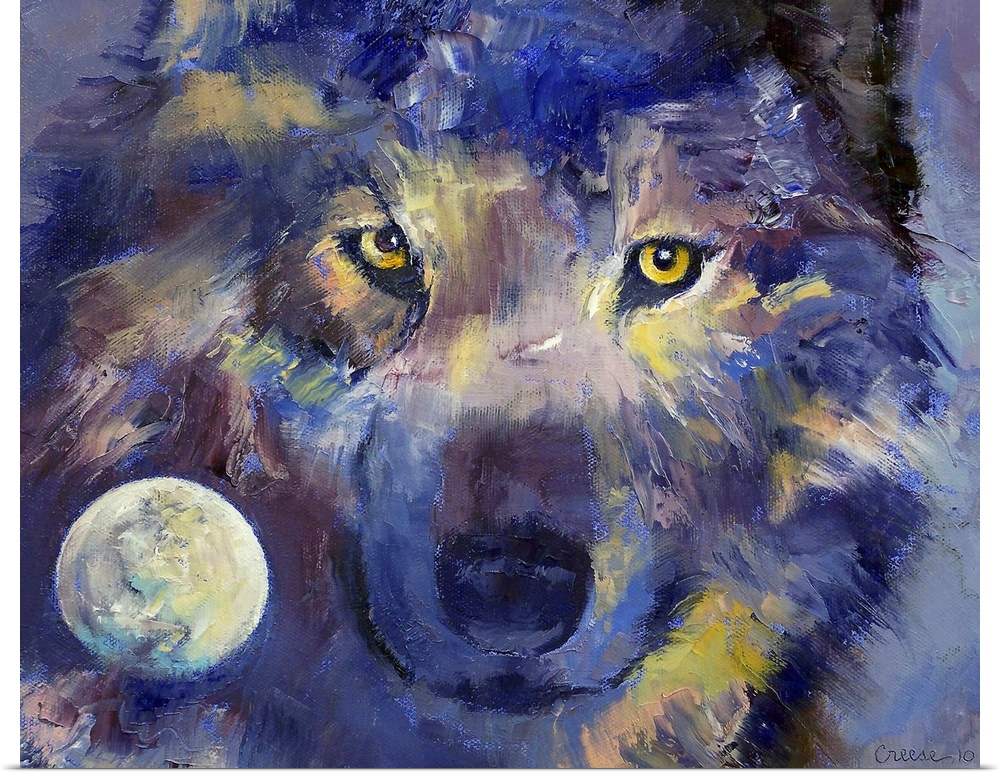 Oil painting with visible brush strokes of a wolf with a full moon inset in the lower left corner by an American artist.
