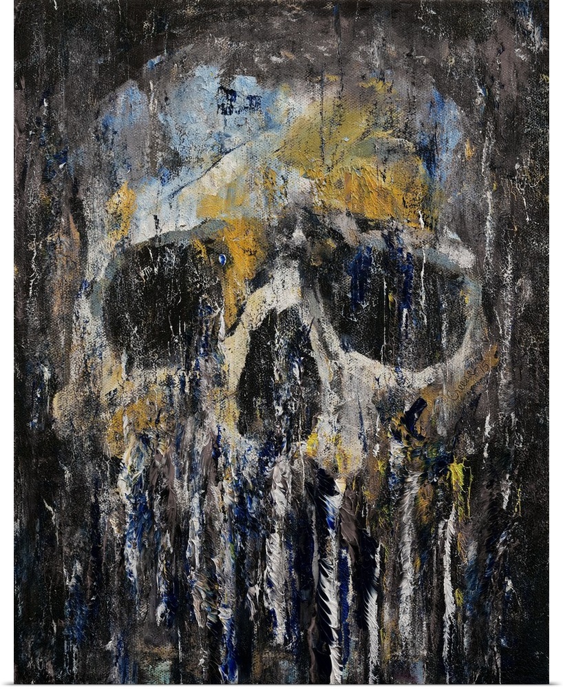 A contemporary painting of a human skull dripping against a black background.