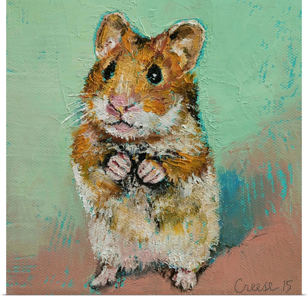 A contemporary painting of a little brown and white hamster against a green and brown background.
