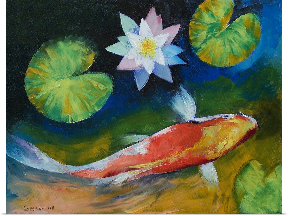Oil painting by an American artist of a Japanese fish surrounded by lily pads.