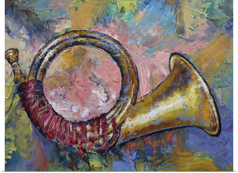 A contemporary painting of a brass horn against a colorful background.