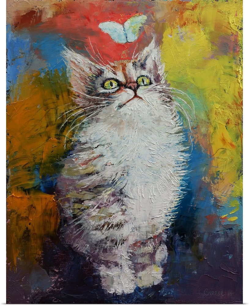 A contemporary painting of a kitten looking up at a little butterfly.