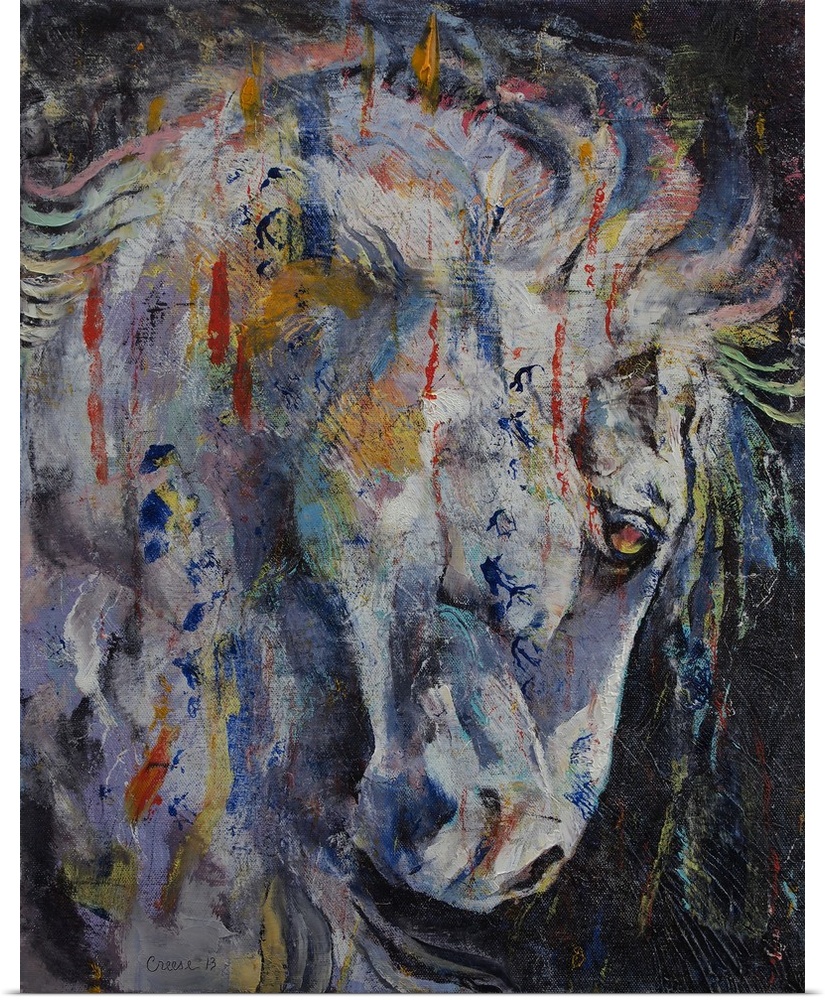 A contemporary painting of a multi-colored horse in profile.