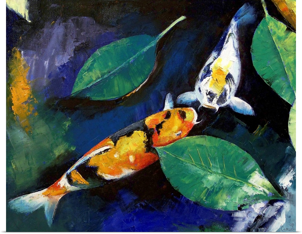 Oil painting of Japanese fish in a pond by American artist.
