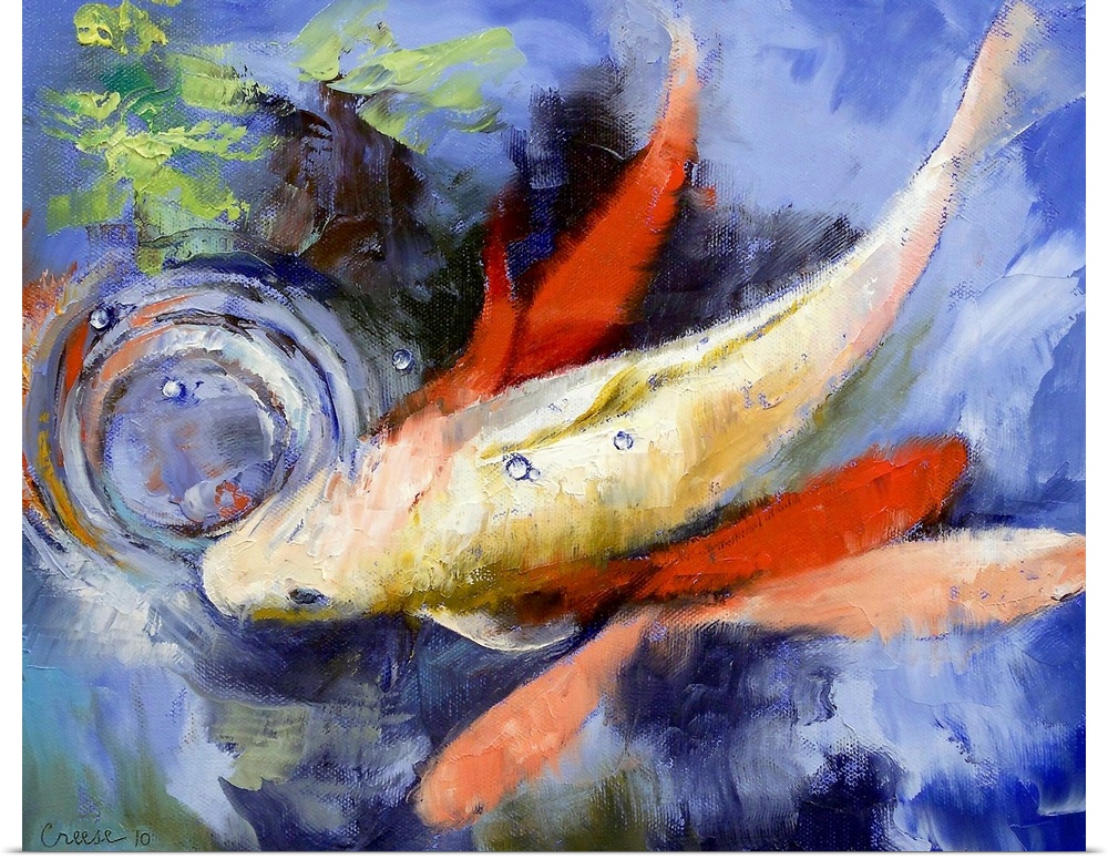 Large painting of a fish in a koi pond from above.