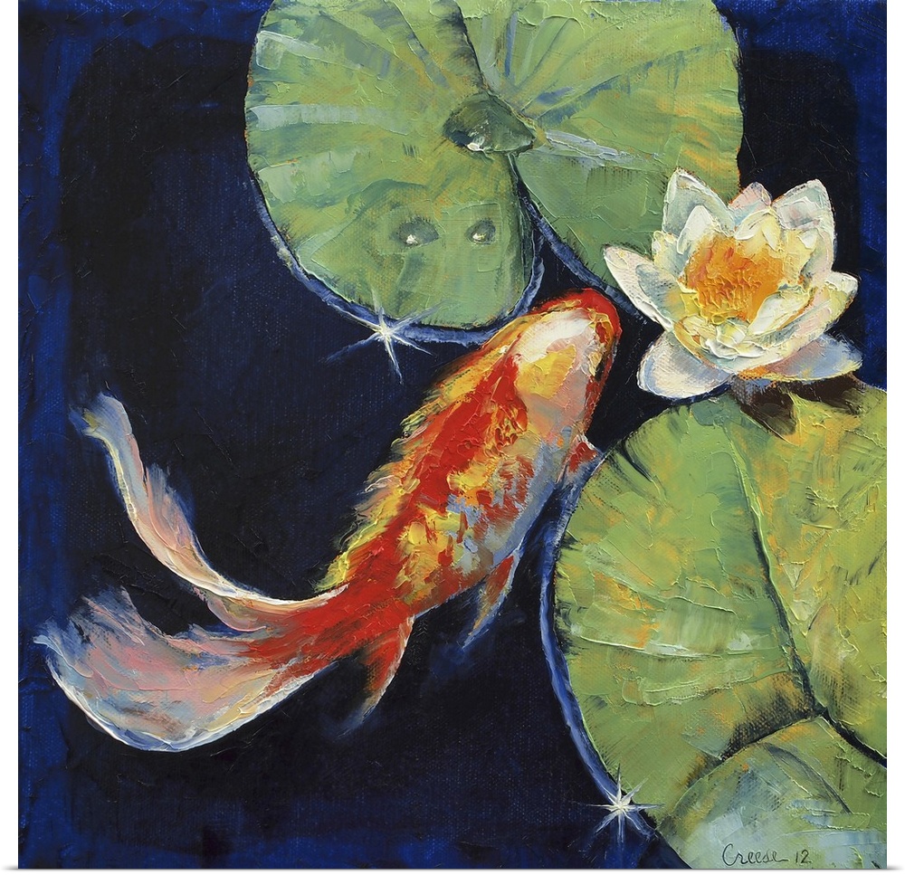 Contemporary artwork of a red koi fish swimming near the surface of the water with lily pads and a lotus flower.