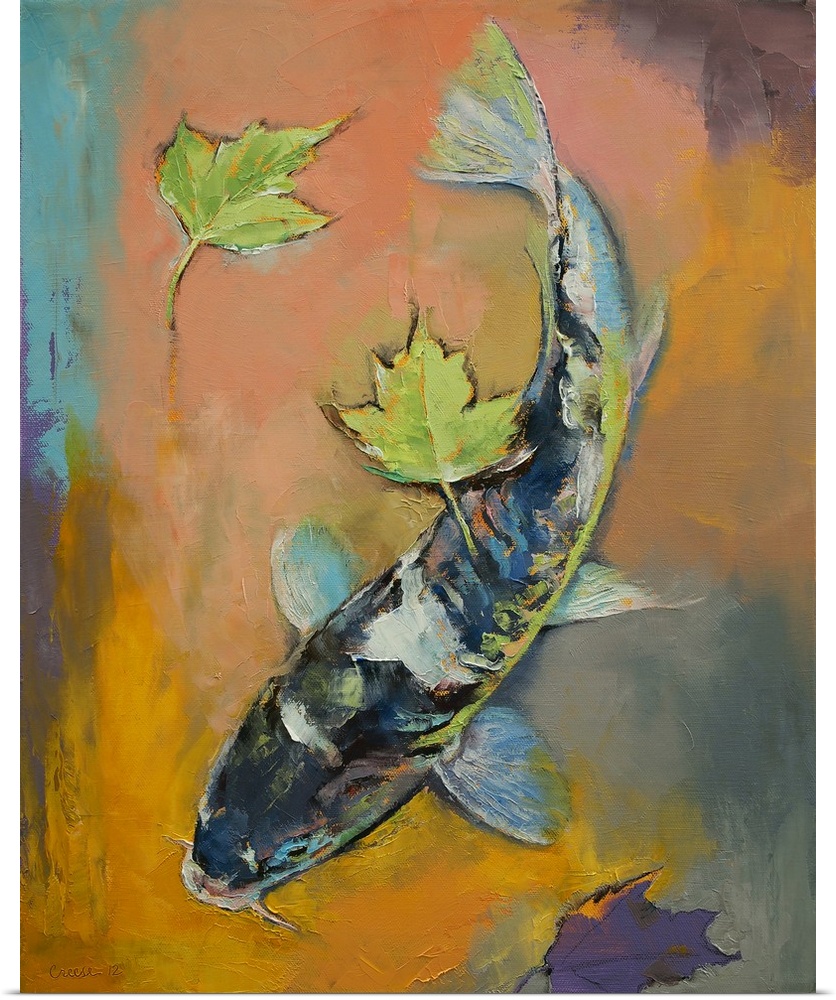 Contemporary painting of a colorful koi fish with small green leaves floating on the water.