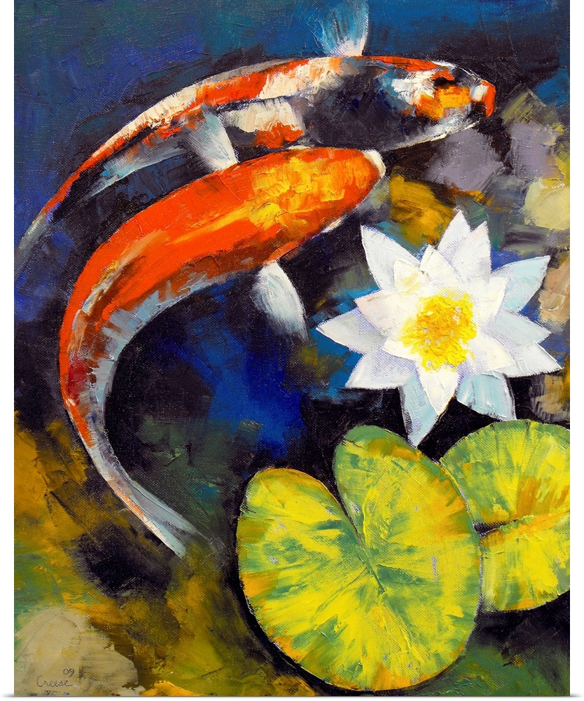 Big contemporary art portrays a couple fish swimming beneath a pair of lily pads and a flower.
