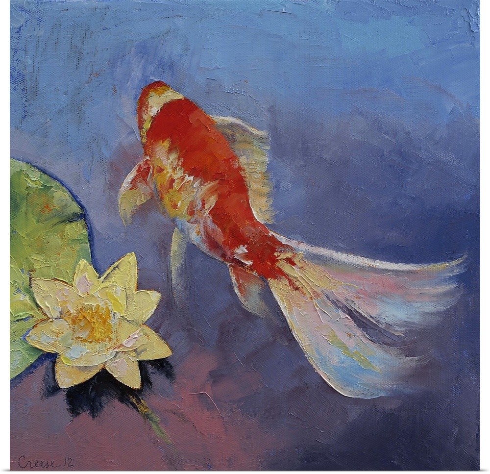 Contemporary artwork of a red and white koi fish swimming near a white lotus flower.