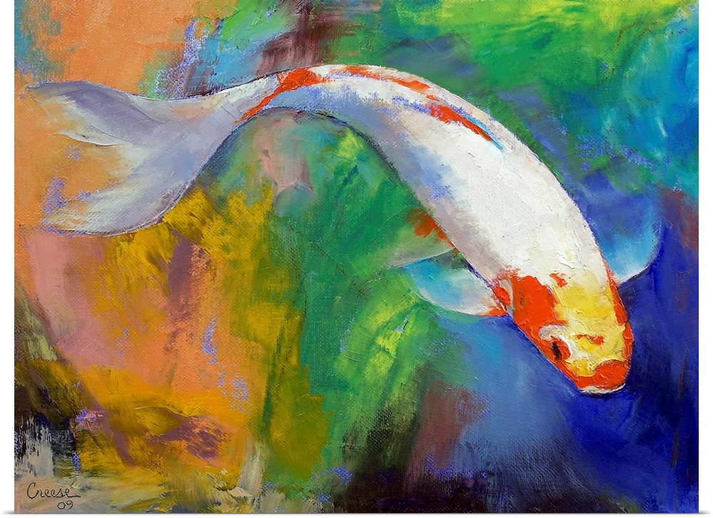 Oil painting of a large fish on a colorful abstracted background.