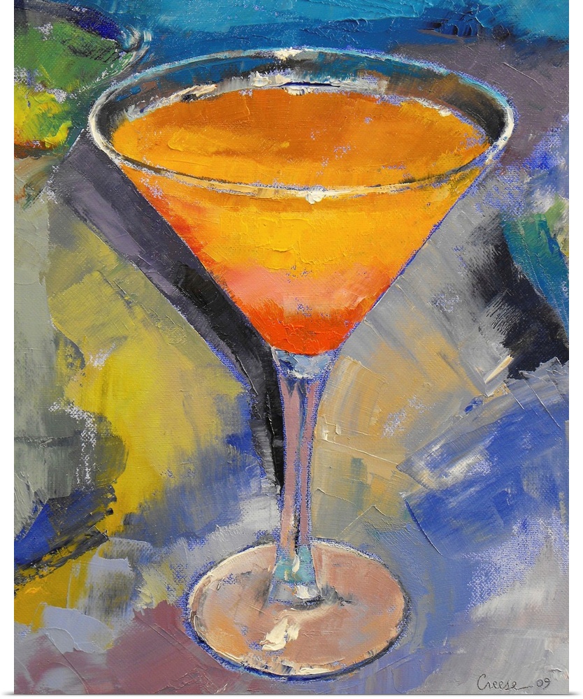 Vertical, large contemporary painting of a vibrant mango martini in a glass, on a multicolored background of thick, short ...