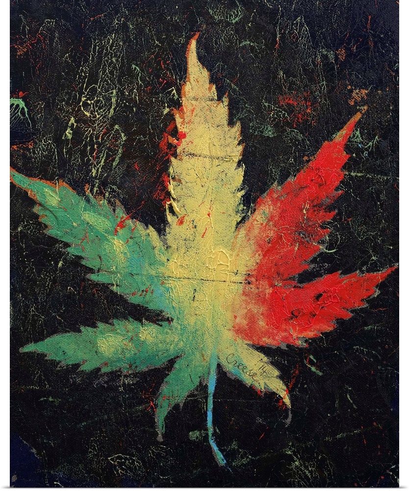 A contemporary painting of a Rasta colored plant leaf.