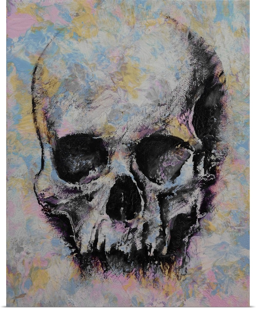 A contemporary painting of a human skull.