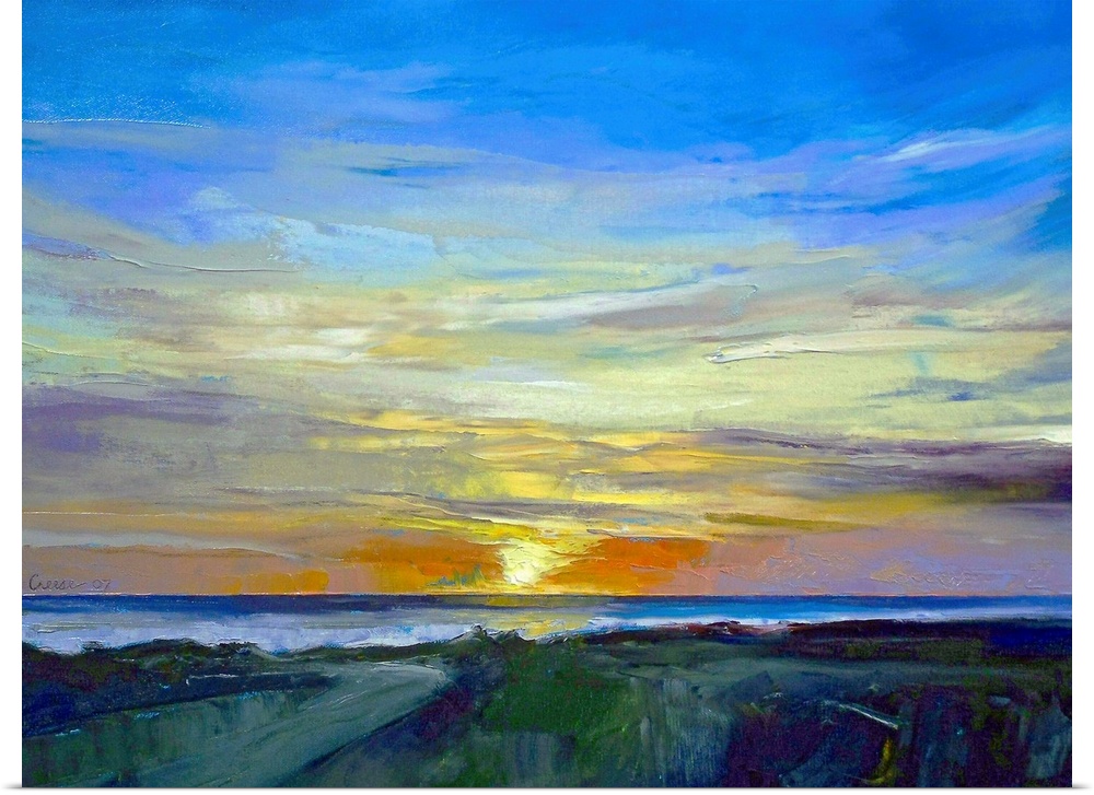 Oil painting of sunset over water with land in the foreground.
