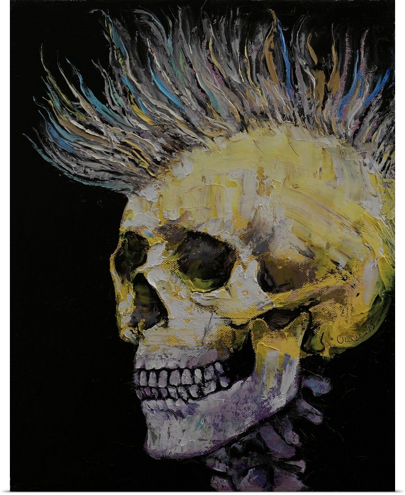 A contemporary painting of a human skull with a big spiky Mohawk.
