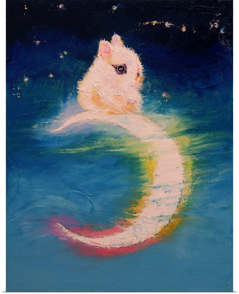 A contemporary painting of a tiny white bunny sitting on top of a crescent moon.