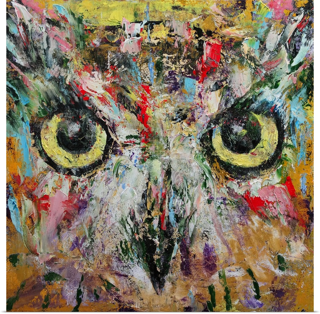 A contemporary painting of a close-up portrait of an owl.