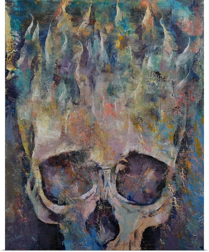 A contemporary painting of a human skull with flames rising from the top.