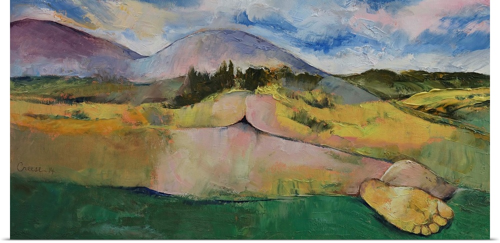 A contemporary painting of a countryside landscape masking a nude female body.