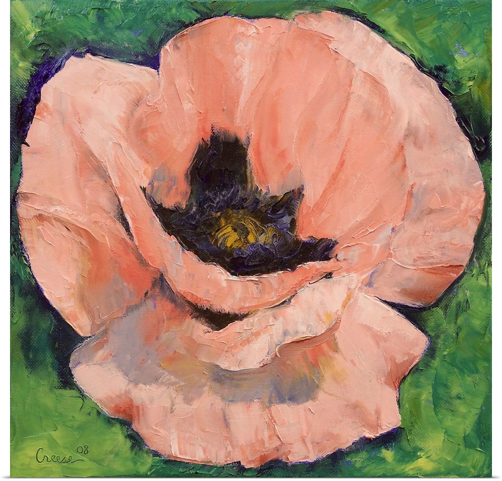 Big, square painting of a fully bloomed poppy flower on a background of greenery.  Painted with thick, textured brushstrokes.