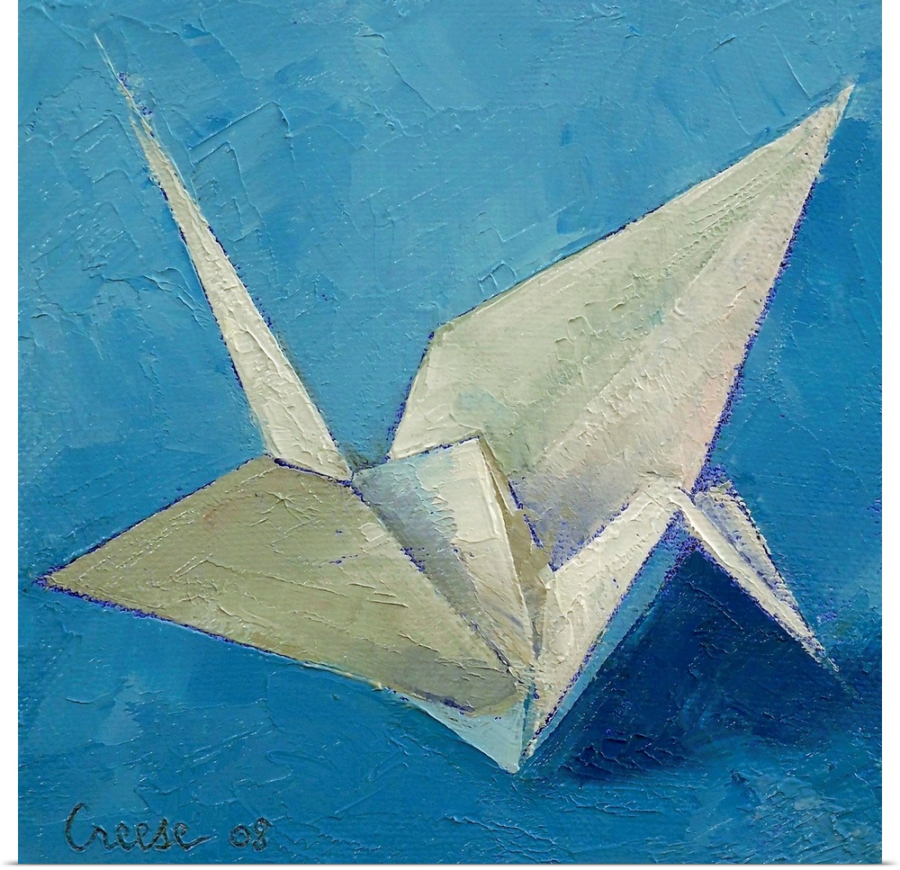 An oil on canvas piece of a white origami crane against a shaded blue background.