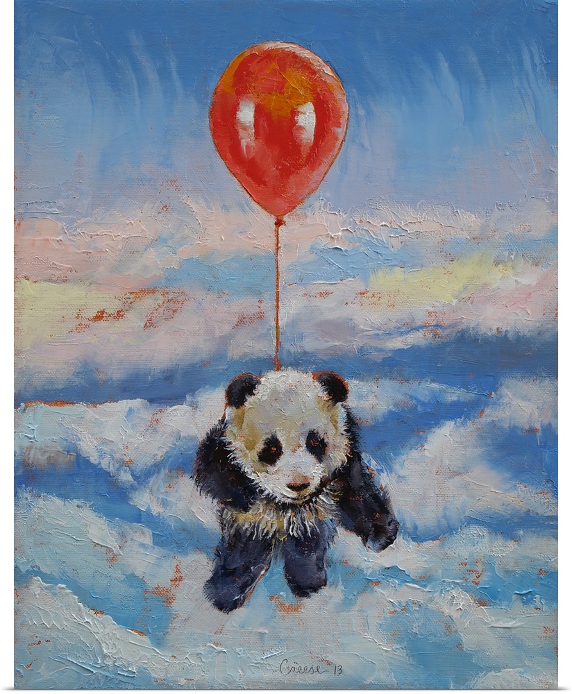 Decorative wall art for a childos room or nursery this is a Giclee print of an oil painting. The scene shows a small panda...