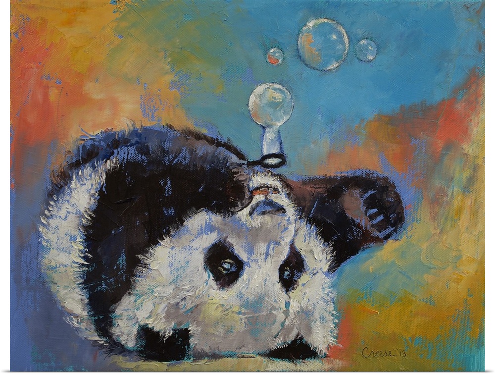 A contemporary painting of a panda bear blowing bubbles.