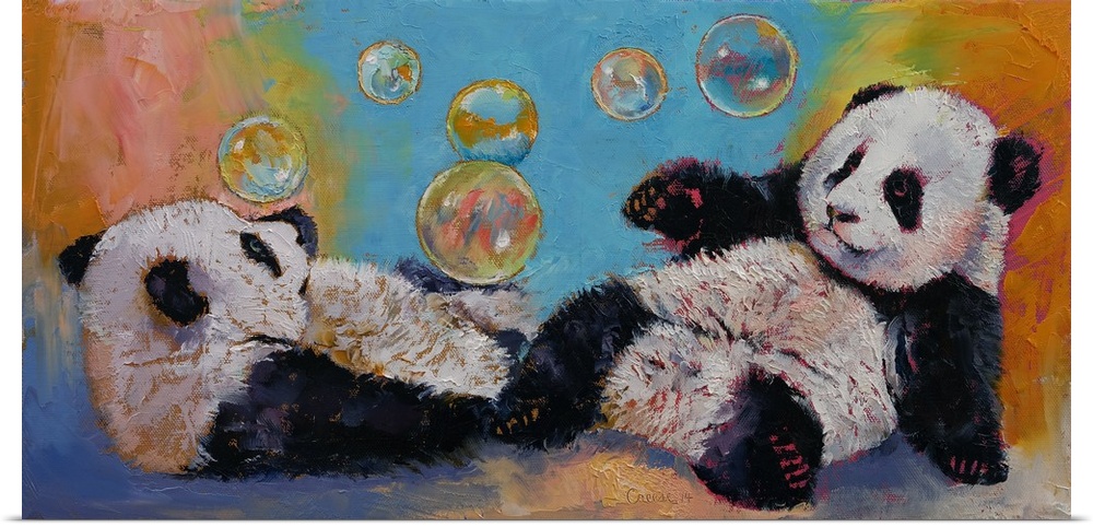 A contemporary painting of two panda bears playing with bubbles.