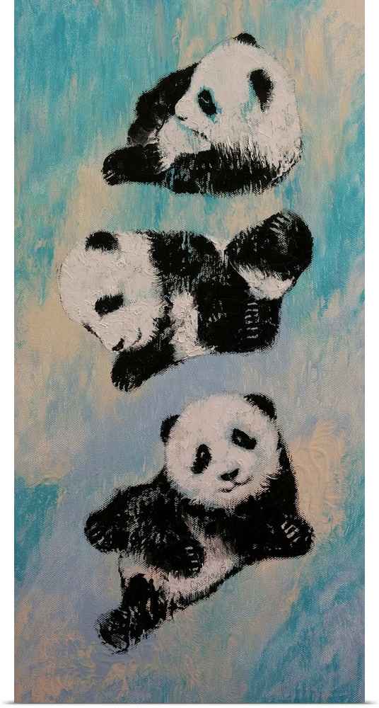 A contemporary painting of three panda bears in karate poses.