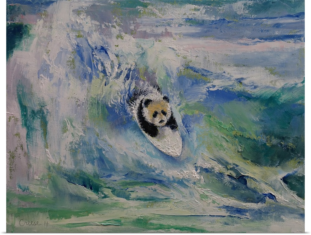 A contemporary painting of a panda surfing a giant wave.