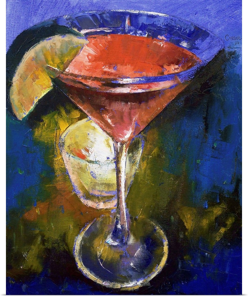 This painting is of a martini glass that is filled with a pink liquid and a lime wedge on the side. A small candle sits ju...