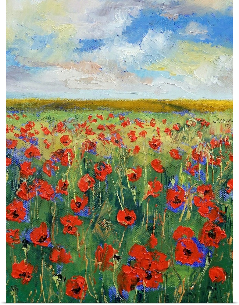 Giant vertical painting of a field of poppies below a blue, cloudy sky.  Painted with the textured brushstrokes of oil paint.