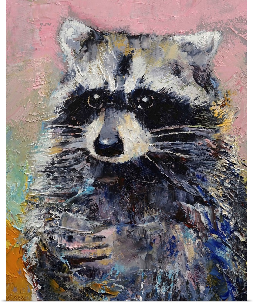 A contemporary painting of a raccoon portrait.