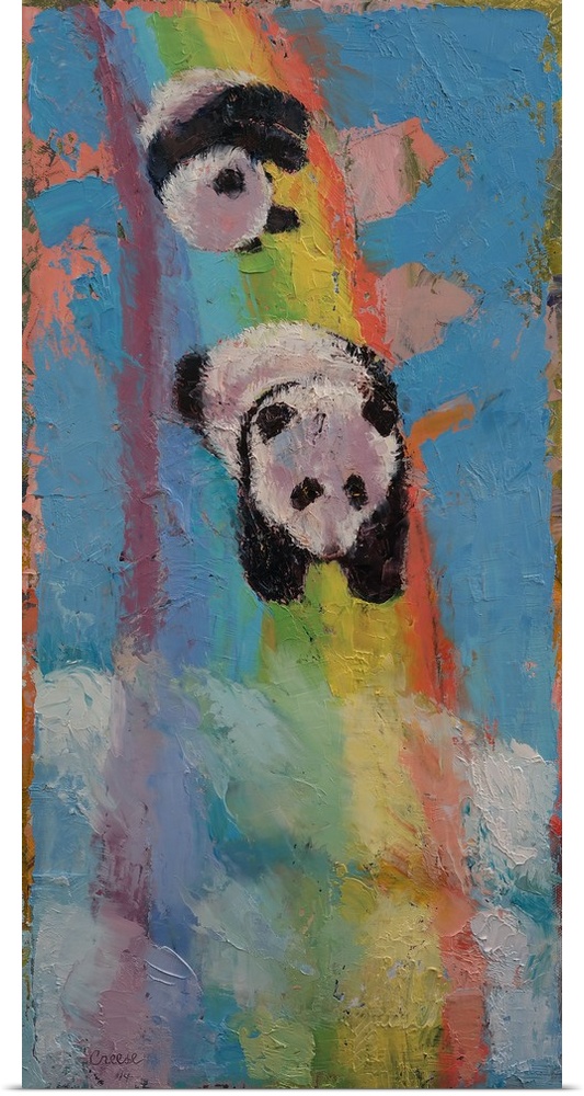 A contemporary painting of two panda bears tumbling down a rainbow.