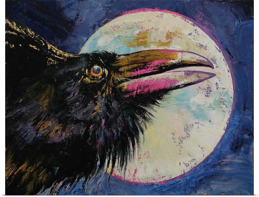 A contemporary painting of a black crow against a background of a full moon.